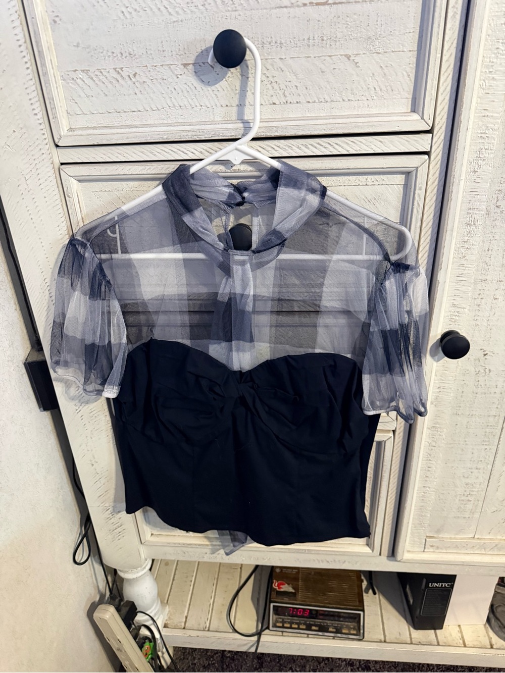 Sheer Navy and White Plaid Tie-Neck Men’s Shirt